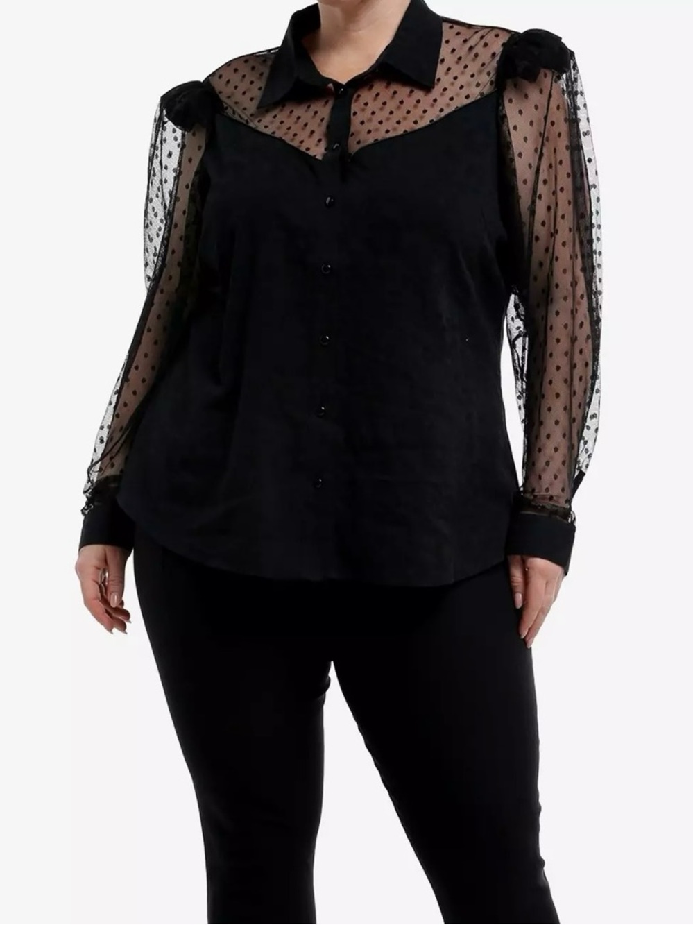 Plus Size Black Sheer Polka Dot Sleeve Button-Down Shirt